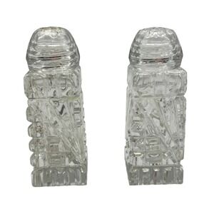 Salt and Pepper Shakers OS Clear Art Deco Geometric Pressed Glass Set